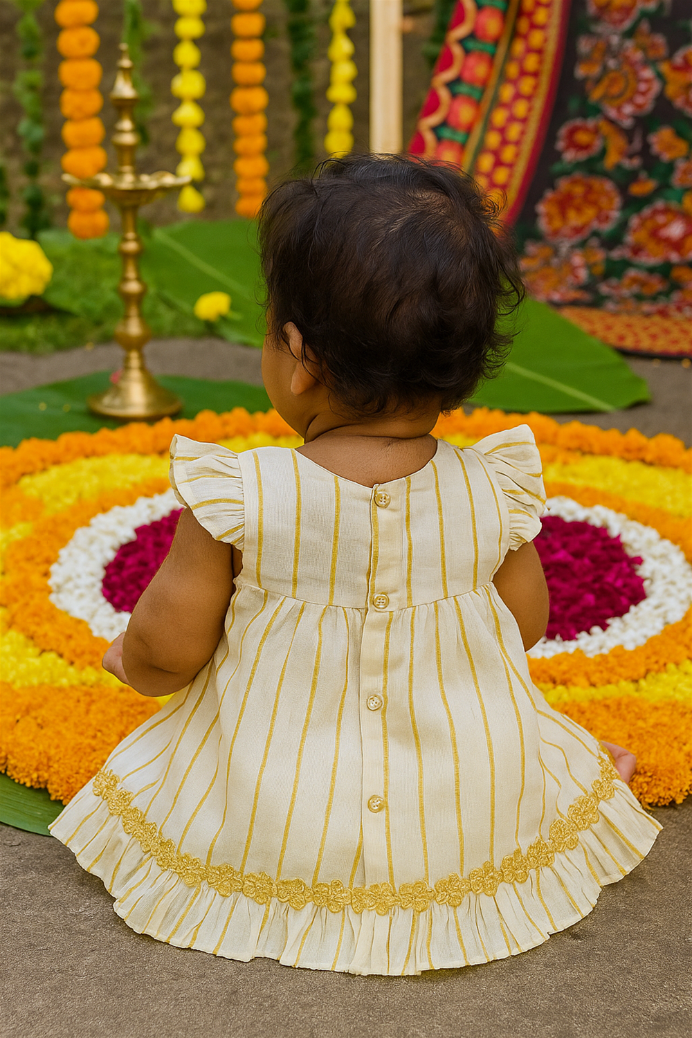 A baby wearing the striped dress sits near a vibrant flower rangoli, facing away, showcasing the buttoned back and frills.
