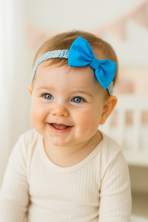 Smiling baby with bright blue bow headband, sitting indoors in cream outfit, natural light highlighting soft features and happiness.