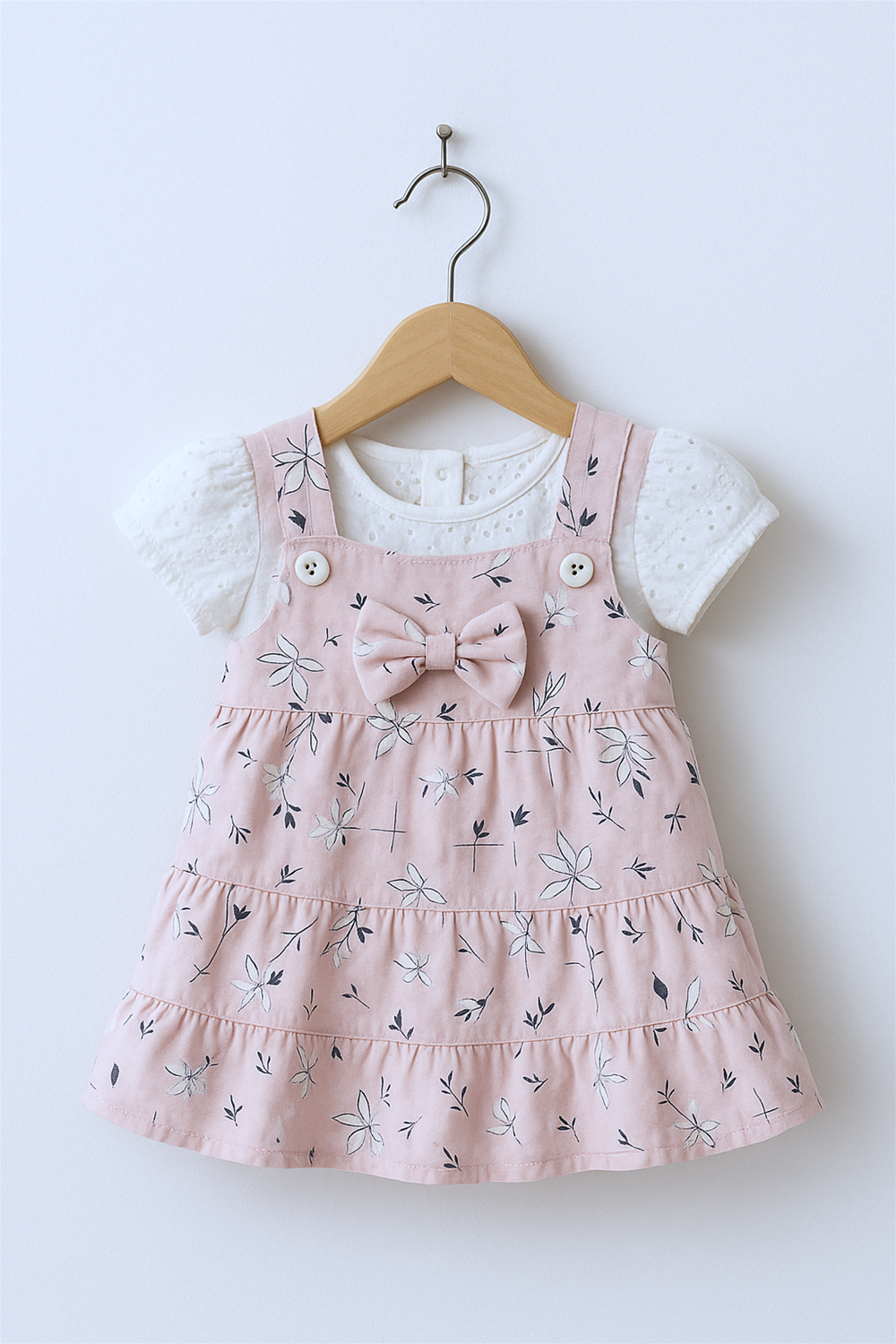 A baby girl's outfit featuring a soft pink floral dungaree dress with a center bow and white puff-sleeve top, displayed on a wooden hanger. Set against a light studio background with soft shadows and a minimalist aesthetic.