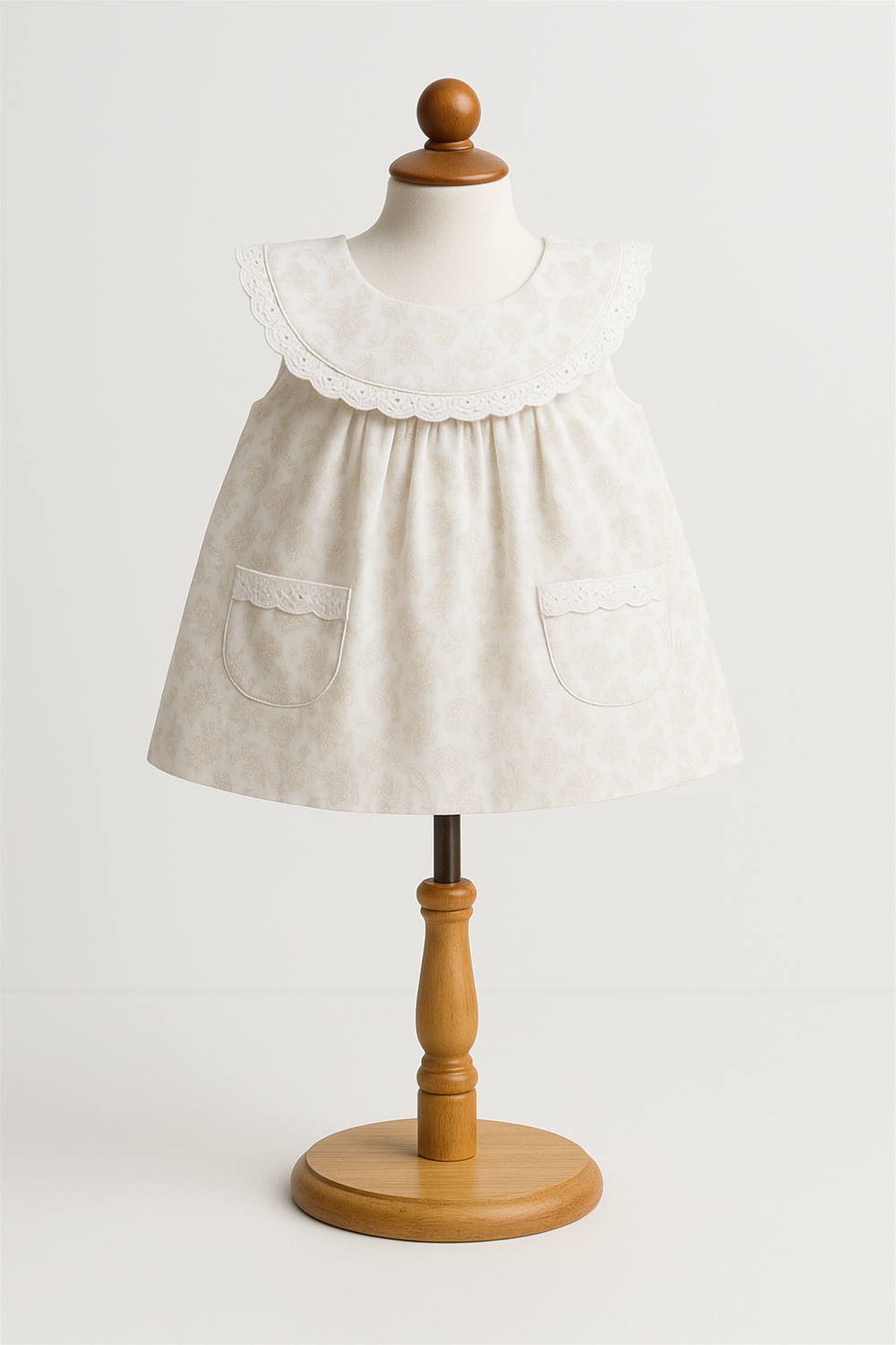 Baby dress displayed on a wooden mannequin, featuring lace collar, delicate beige floral print, and front patch pockets.