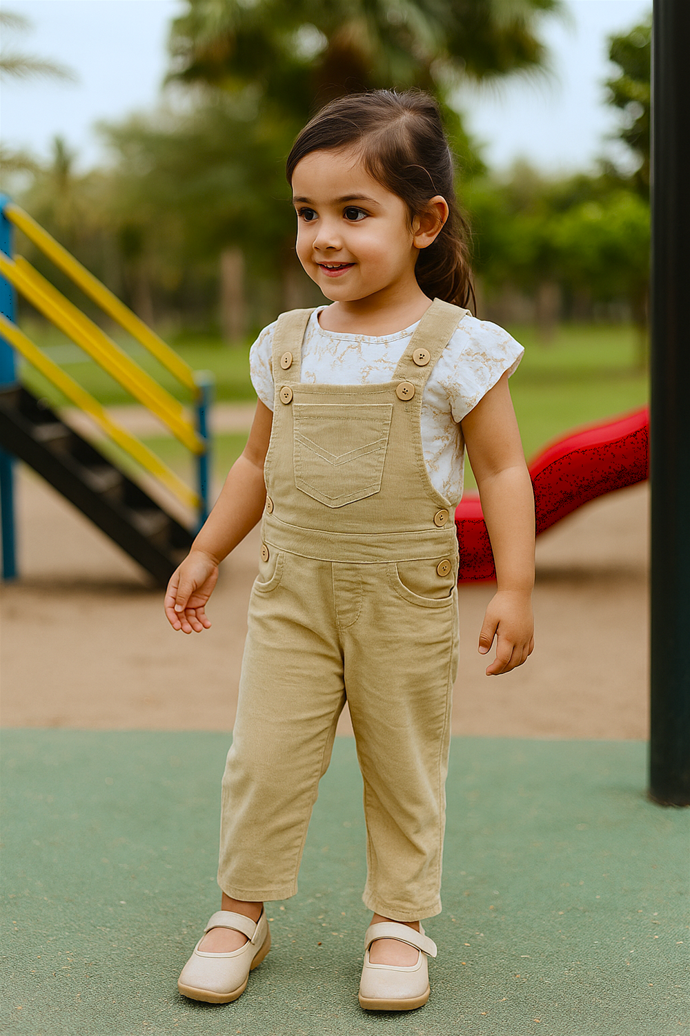 Little girl wearing beige dungarees with button details over a light floral-print cotton inner, paired with matching beige shoes. She is standing and smiling in an outdoor playground setting.