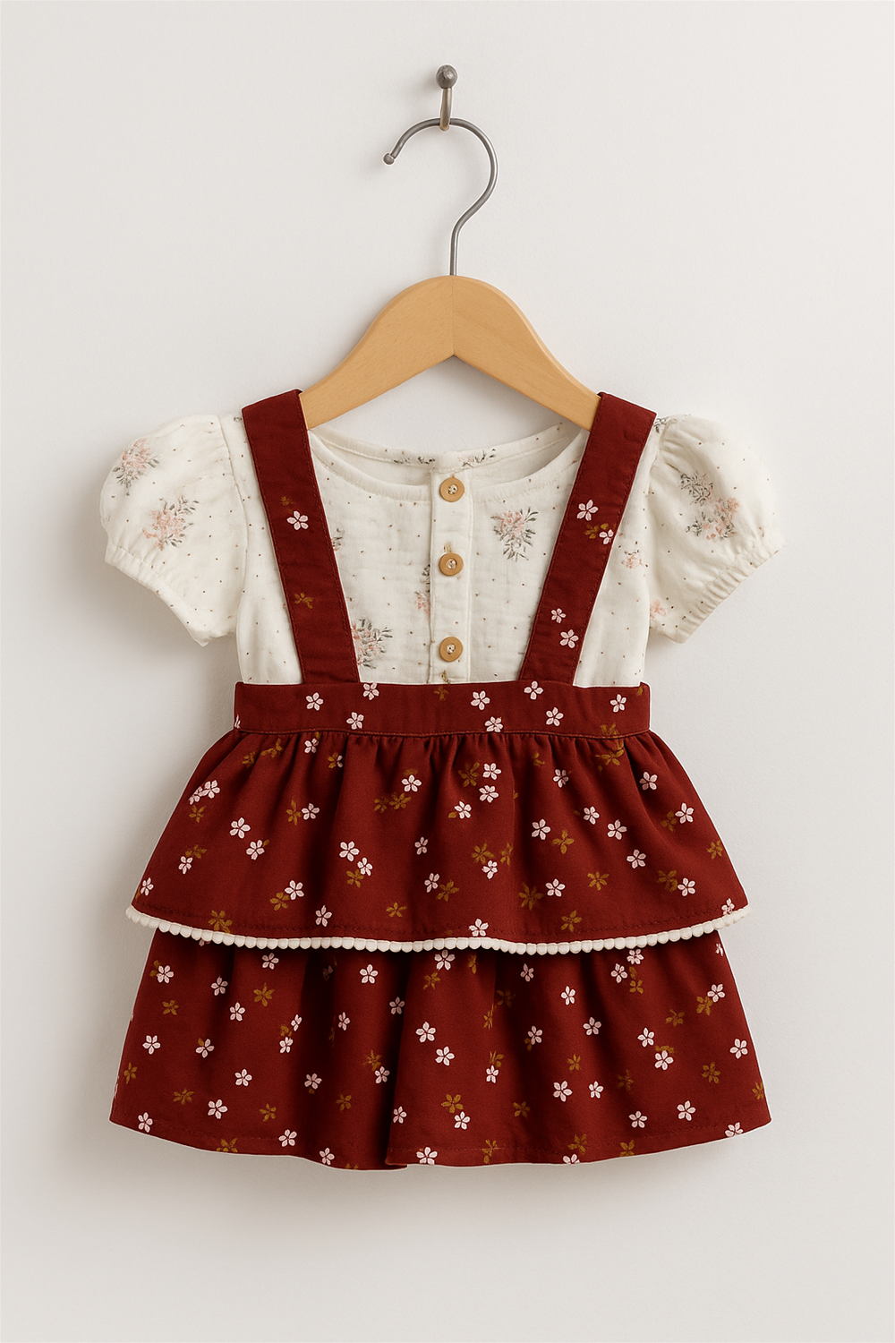 A baby girl's dress featuring a colorful floral print on a soft fabric background.