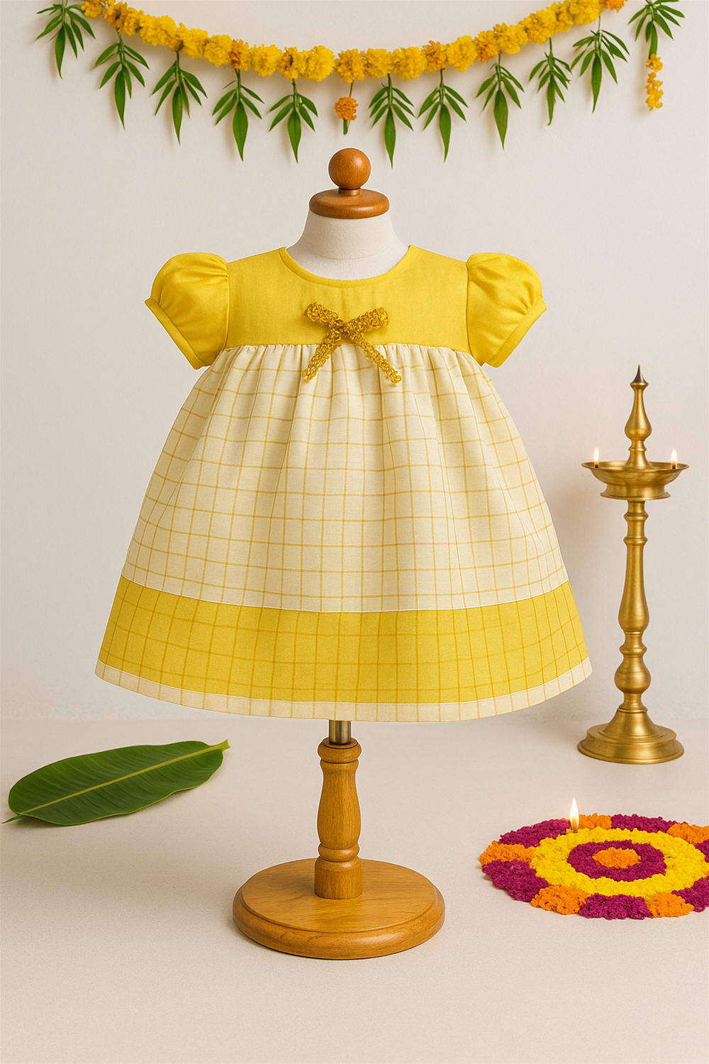 A baby’s festive dress with a golden bow is elegantly displayed on a mannequin stand. Surrounded by lit lamps, banana leaves, and floral rangoli, the setup captures a vibrant Onam mood.