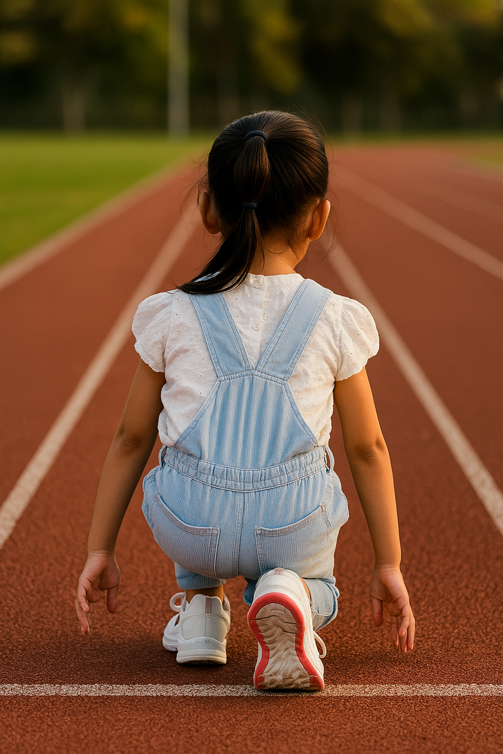 A young girl, dressed in light blue corduroy dungarees and a white top, kneels at the starting line of a running track. She is positioned in a sprint start pose, ready to run, with her back facing the camera.