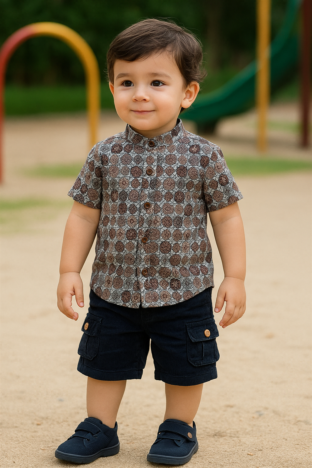 Front view of a toddler boy wearing a half-sleeve Chinese collar shirt with an intricate geometric print in earthy tones. The shirt features wooden buttons and is styled with navy corduroy cargo shorts and matching sneakers, perfect for a casual day at the playground.