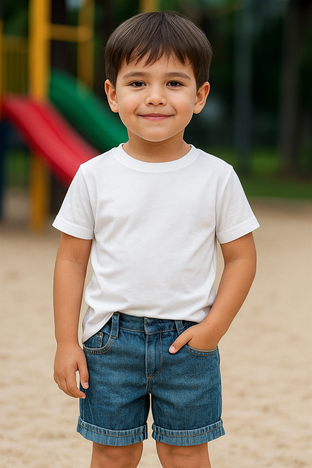 Smiling boy standing outdoors wearing denim shorts and white t-shirt, hands in pockets, showcasing comfortable rolled cuff shorts fit.
