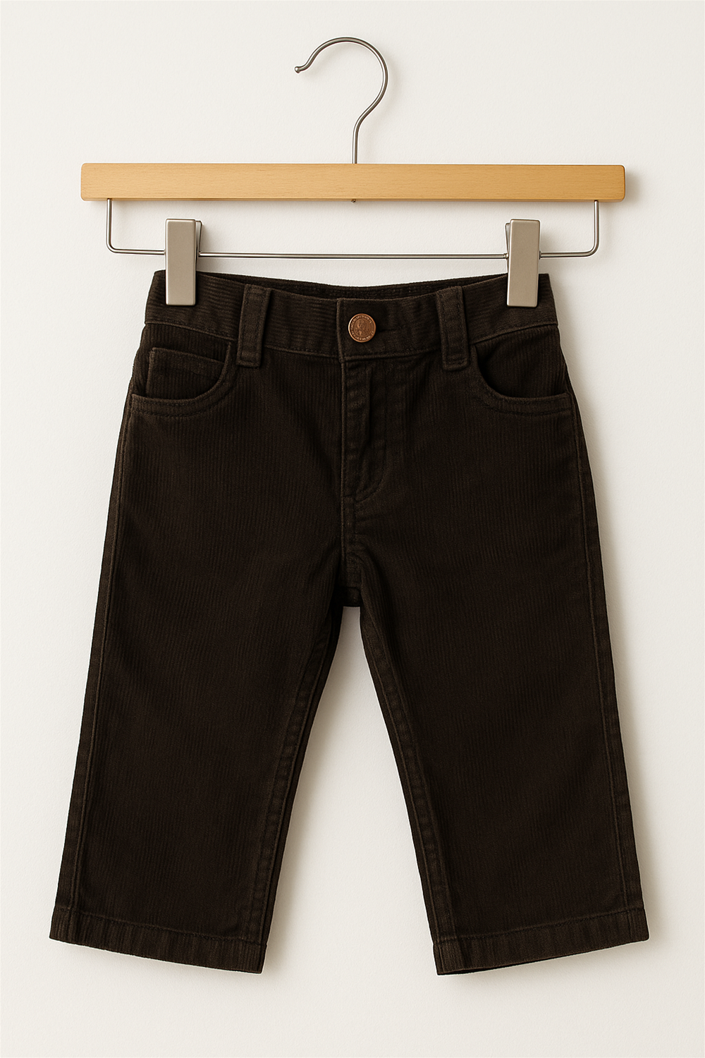 A pair of dark brown corduroy toddler pants displayed on a wooden hanger against a light cream background. The pants feature front scoop pockets, a coin pocket, a center button closure with a copper-tone button, and belt loops. The fine ribbed corduroy fabric adds texture, and the pants are neatly structured with a straight-leg cut, ideal for casual or semi-dressy toddler wear.