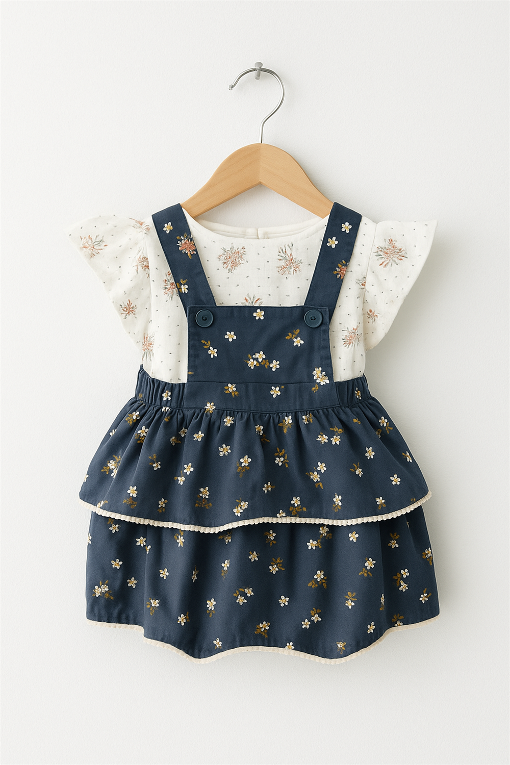 A baby girl's dress featuring a colorful floral print on a soft fabric background.