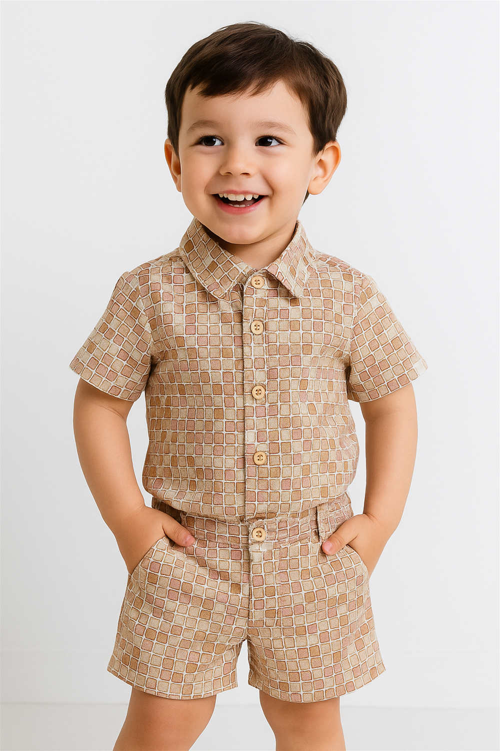 Happy toddler in beige patterned co-ord set posing with hands in pockets, smiling joyfully in studio environment.