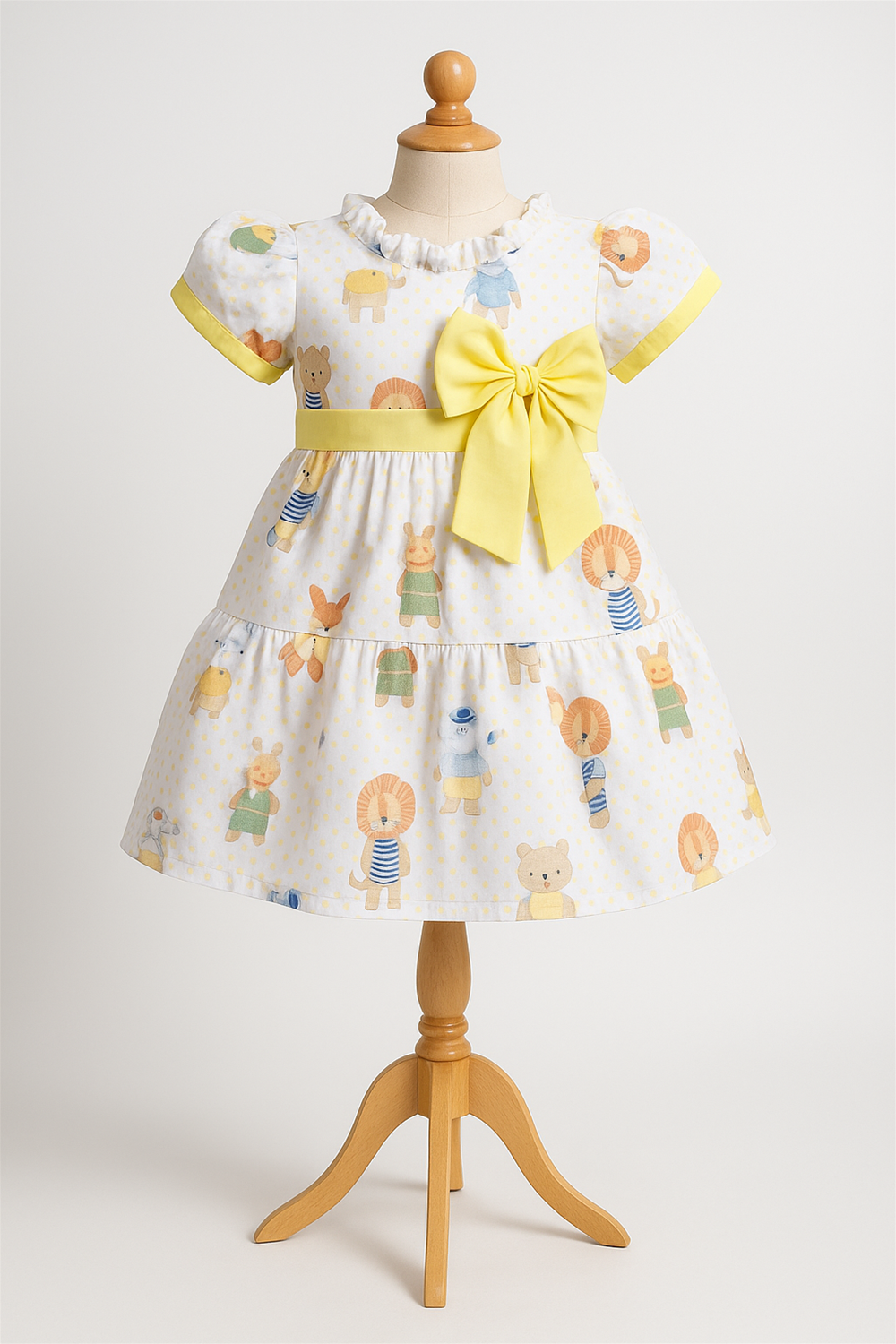 A baby girl in a colorful dress and shoes stands before a lion, embodying a sense of wonder and exploration. In a Foam mannequin. 