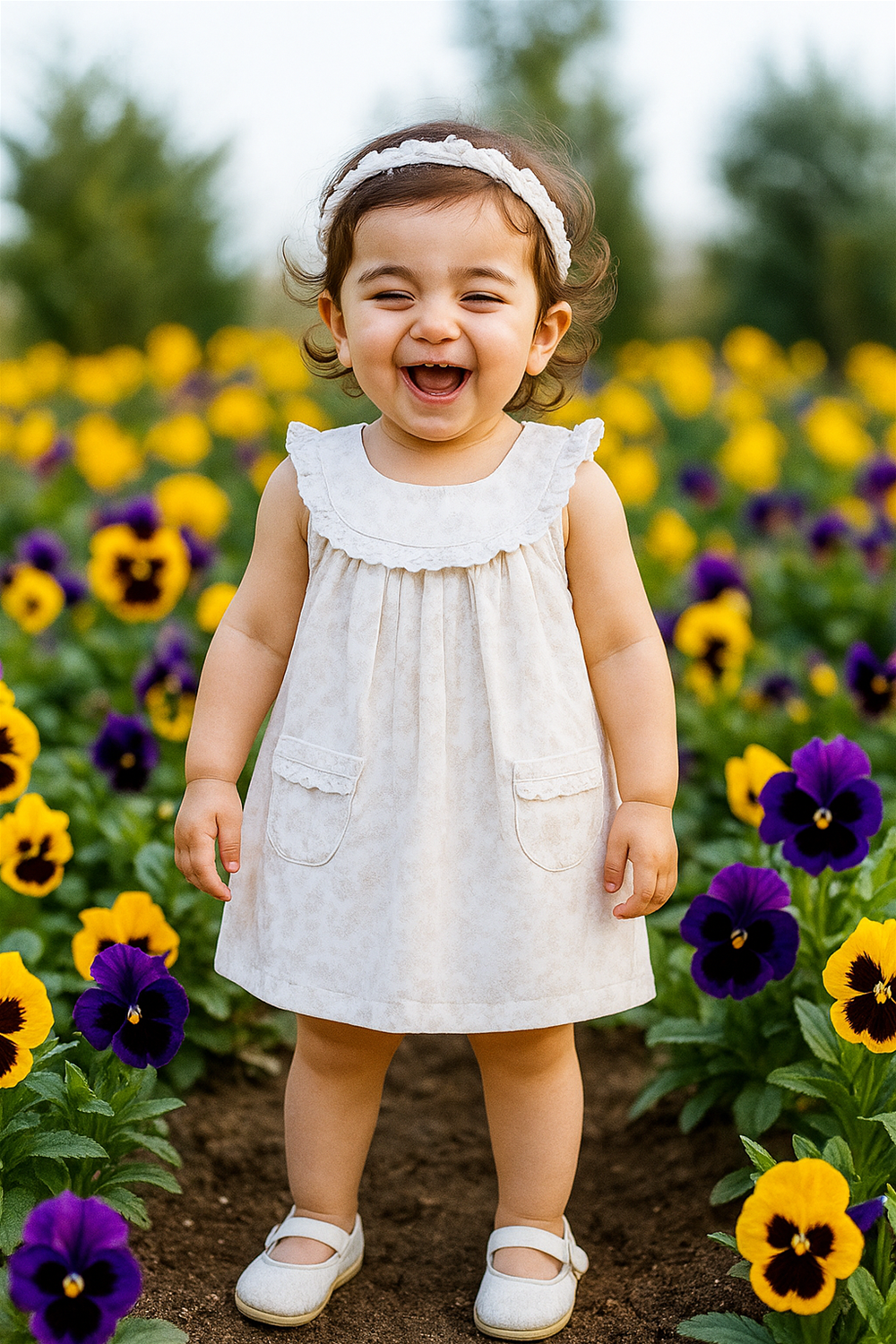 Smiling baby girl in beige floral dress with lace details and pockets, standing joyfully among blooming purple and yellow pansies.