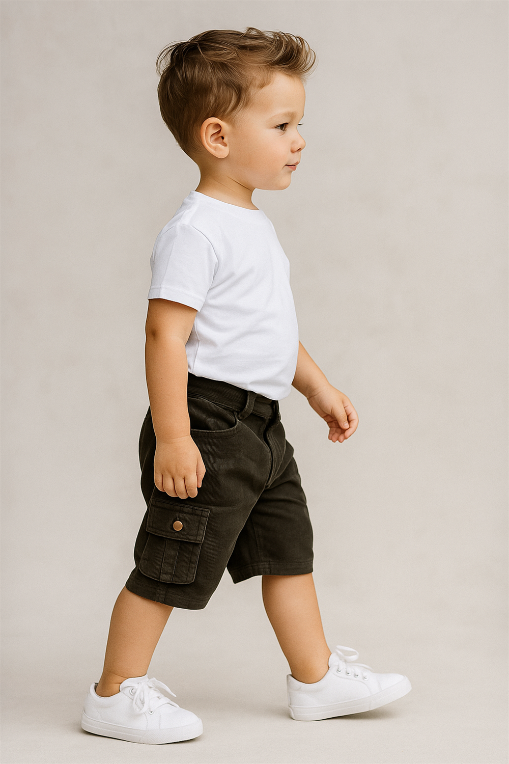 Dark Brown Corduroy with box side pockets and buttons., Ideal for casual wear.