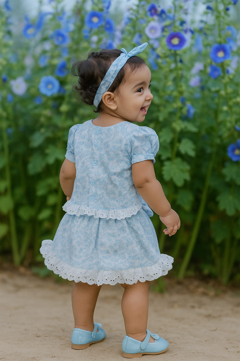 A baby girl in a blue Co-ord Set Midi and blue shoes, sitting happily with a bright smile on her face.