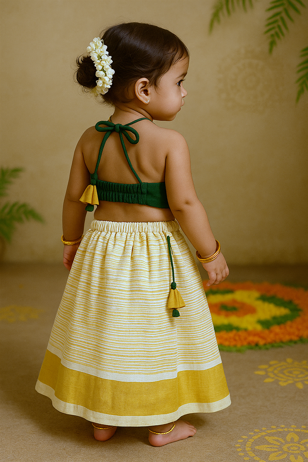 A toddler is seen from the back wearing a green halter top with yellow tassels and a cream-yellow striped skirt, adorned with jasmine flowers in her bun.