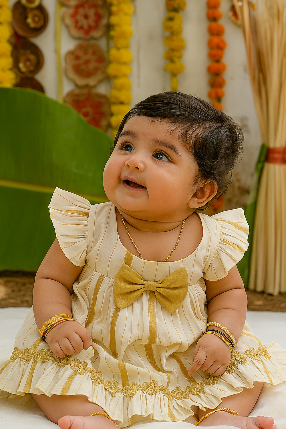 Baby in yellow striped frock with golden bow, smiling during Onam festival, surrounded by traditional floral decorations.