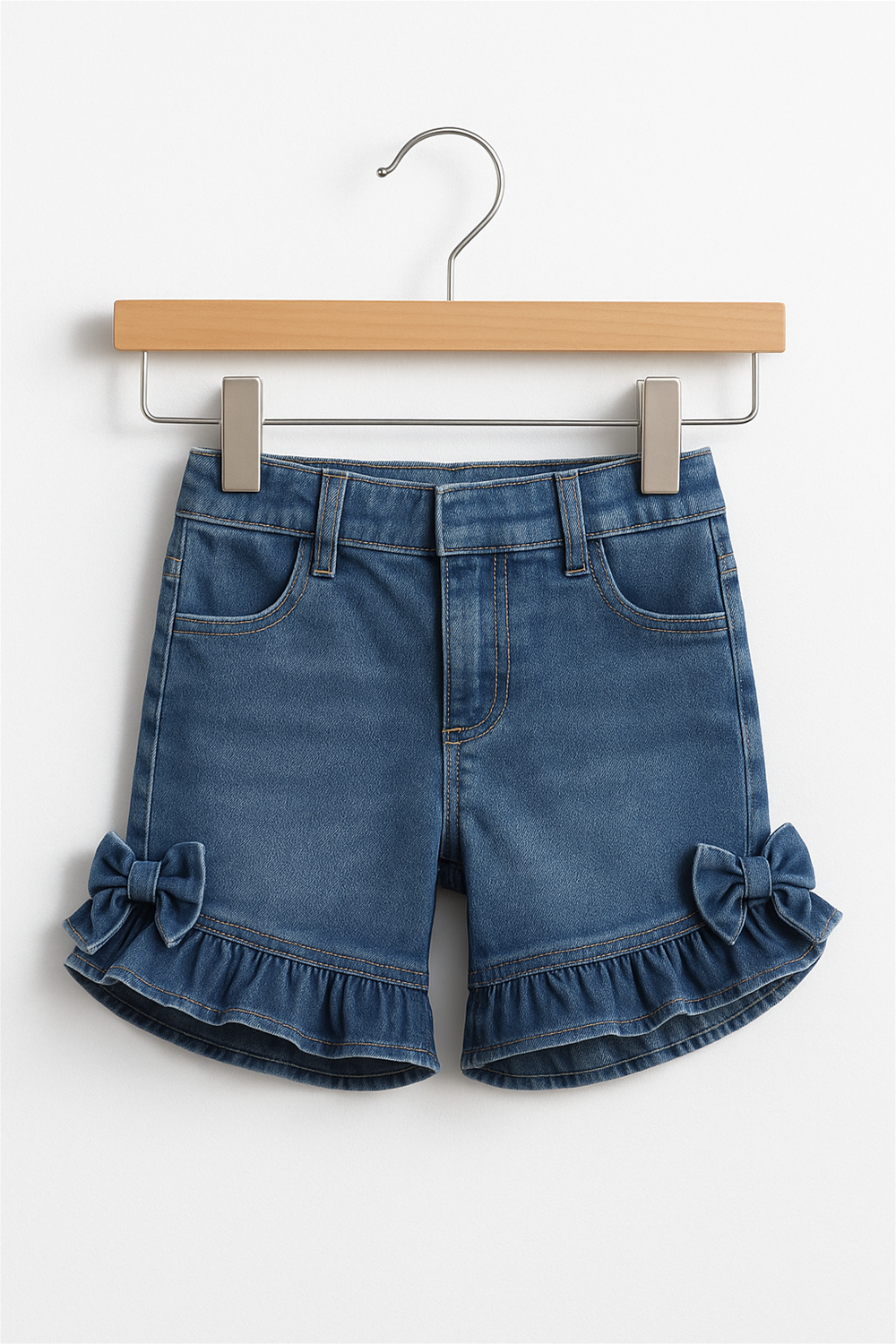 A front view of girls' denim shorts is displayed on a hanger against a white background. The shorts have front pockets, belt loops, ruffled hems, and decorative bows on both sides.