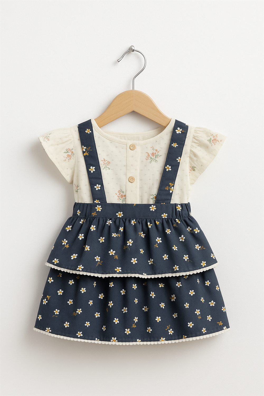A baby girl's dress featuring a colorful floral print on a soft fabric background.
