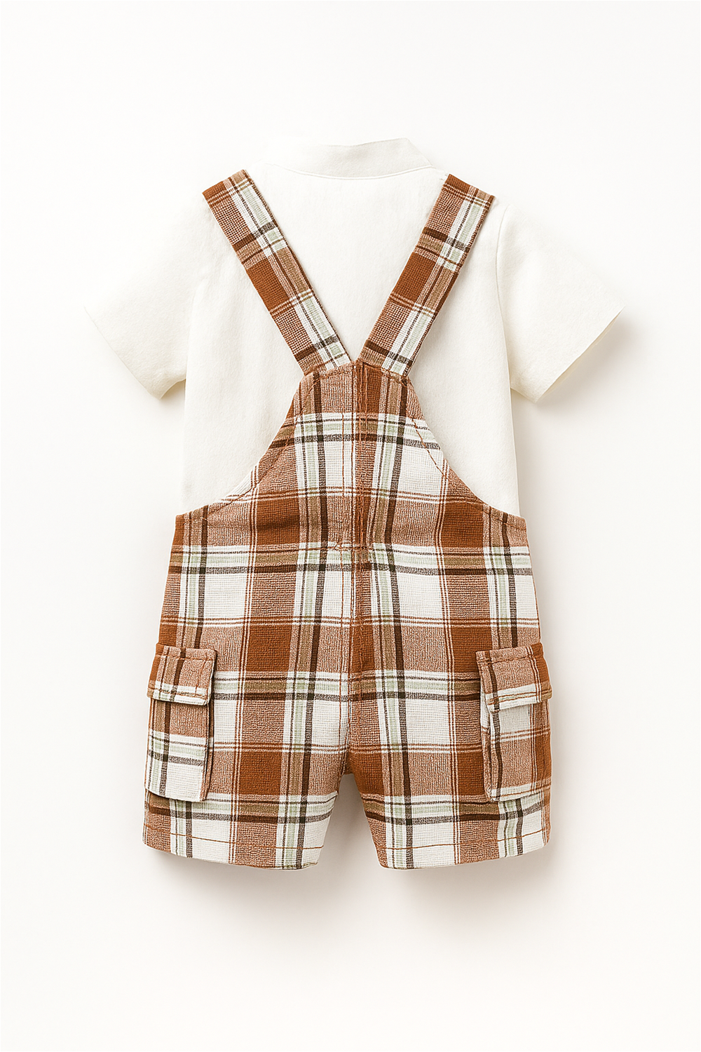 Baby boy's brown check dungaree with a white polka dot shirt, showcasing a cute and playful outfit for infants.