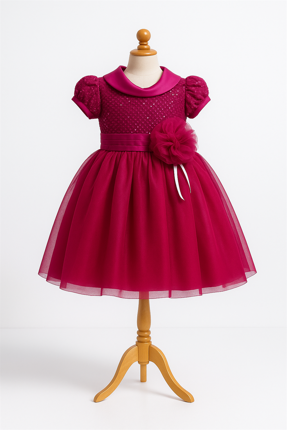 Elegant purple baby frock on mannequin with puff sleeves, satin collar, floral waistband, and tulle skirt, studio white background.