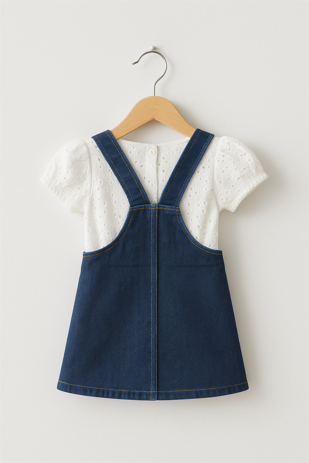 ChatGPT said: A back view of a baby girl's denim A-line pinafore dress is showcased on a wooden hanger with a white embroidered puff-sleeve top underneath. The dress features crisscross straps, neat yellow topstitching, and a clean, minimal silhouette perfect for casual outings.