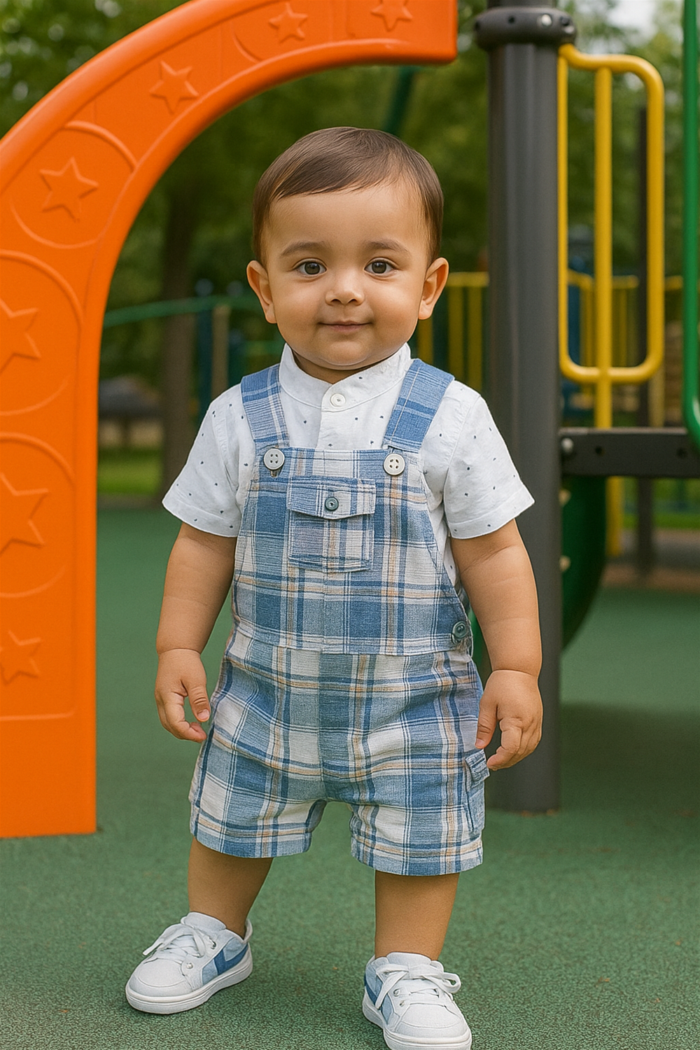A young boy wearing Blue cotton check dungaree stands on a playground, surrounded by colorful play equipment and grass.