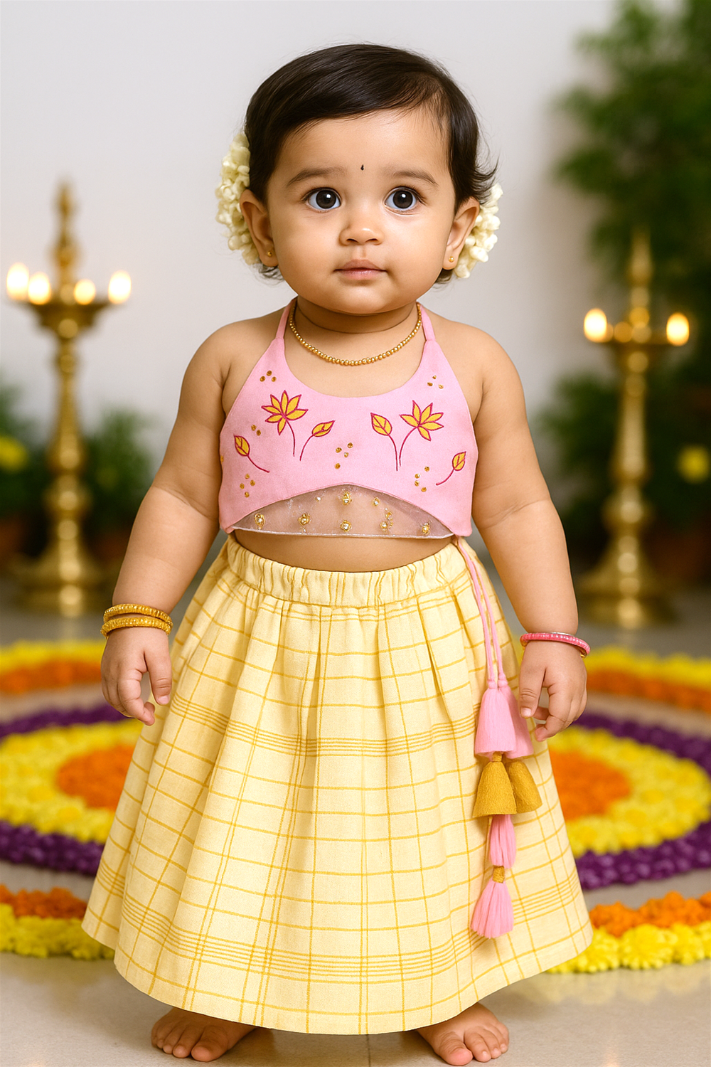 A baby girl in a pink embroidered halter top and yellow checked skirt stands with jasmine flowers and glowing festive lamps.