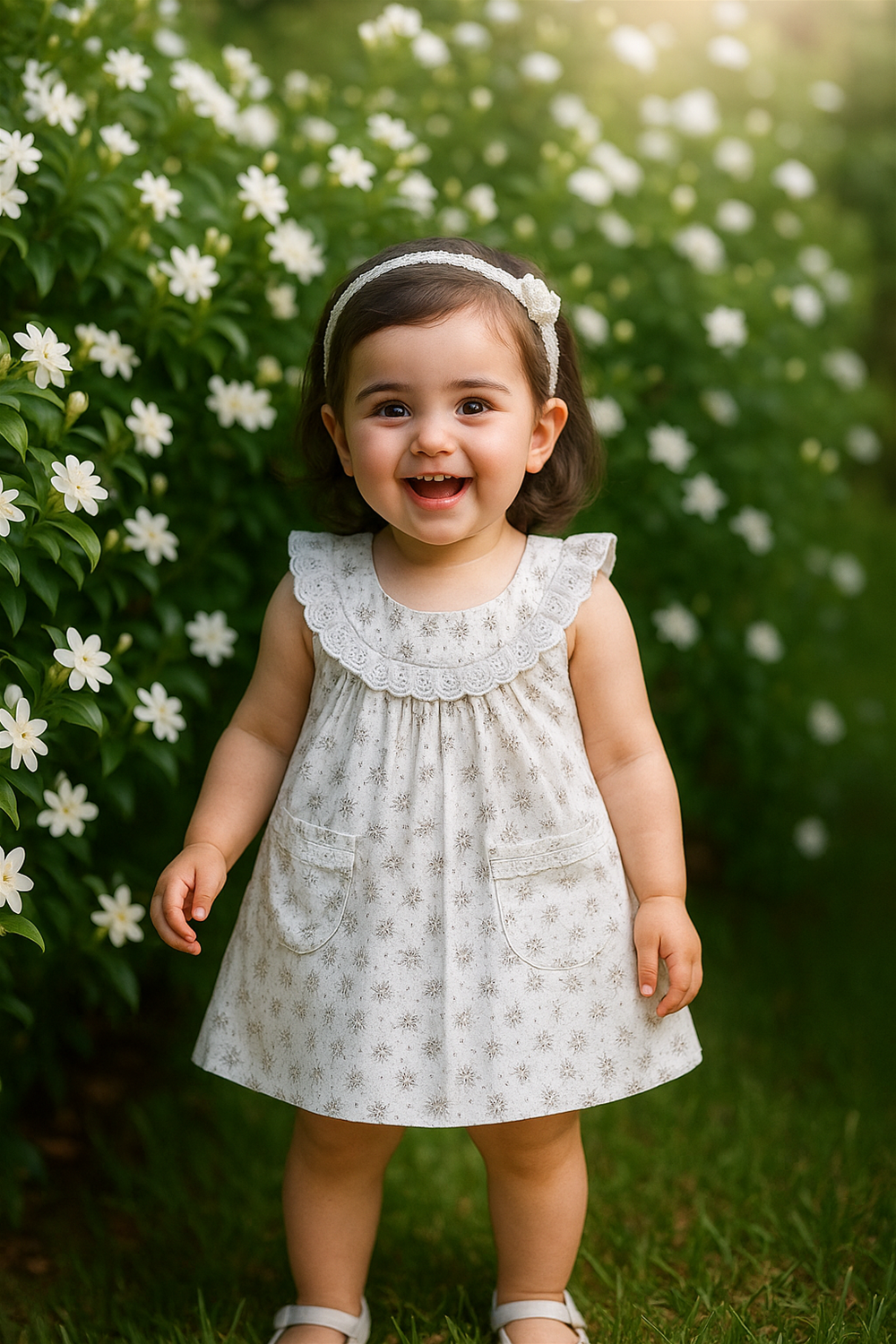 Happy baby girl in white embroidered frock with lace collar and pockets, standing in jasmine garden, smiling joyfully.