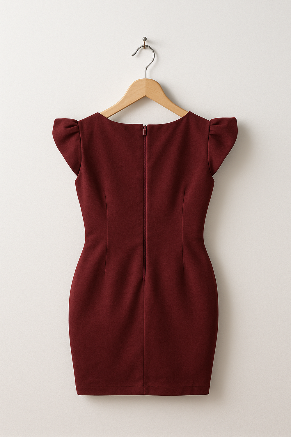 A maroon dress adorned with a gold bow display in a wooden hanger back view.