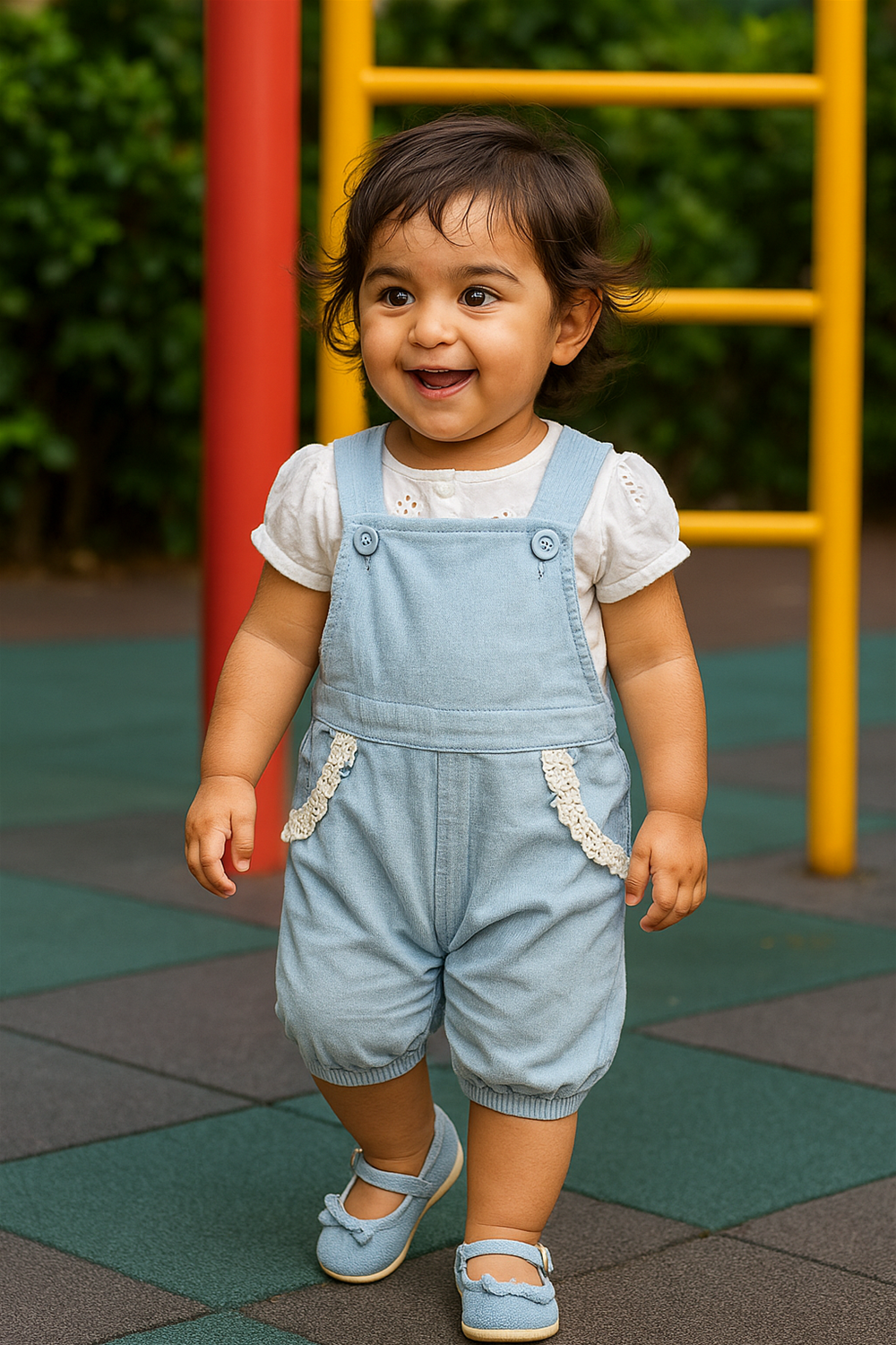A smiling toddler in a light blue dungaree set with lace-trimmed pockets walks joyfully at a playground. The child pairs the outfit with matching blue shoes and a white eyelet-sleeve top, framed by colorful play equipment.