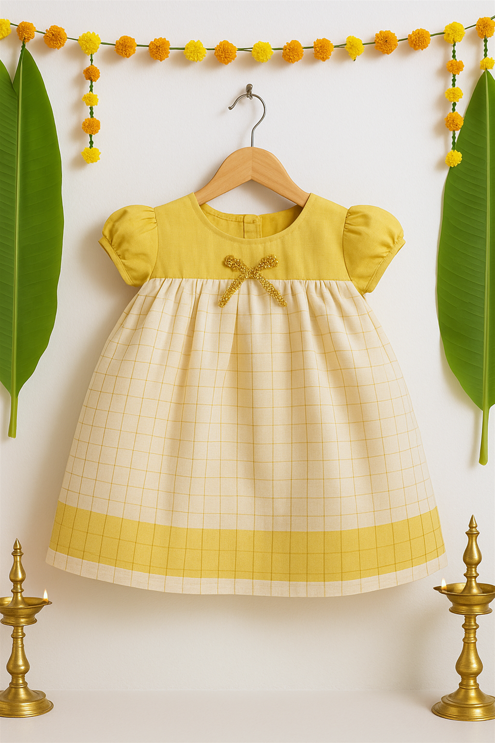 A baby dress with puff sleeves and golden bow detail is hung on a hanger, surrounded by banana leaves and marigold garlands. The bright yellow tones highlight its festive appeal.