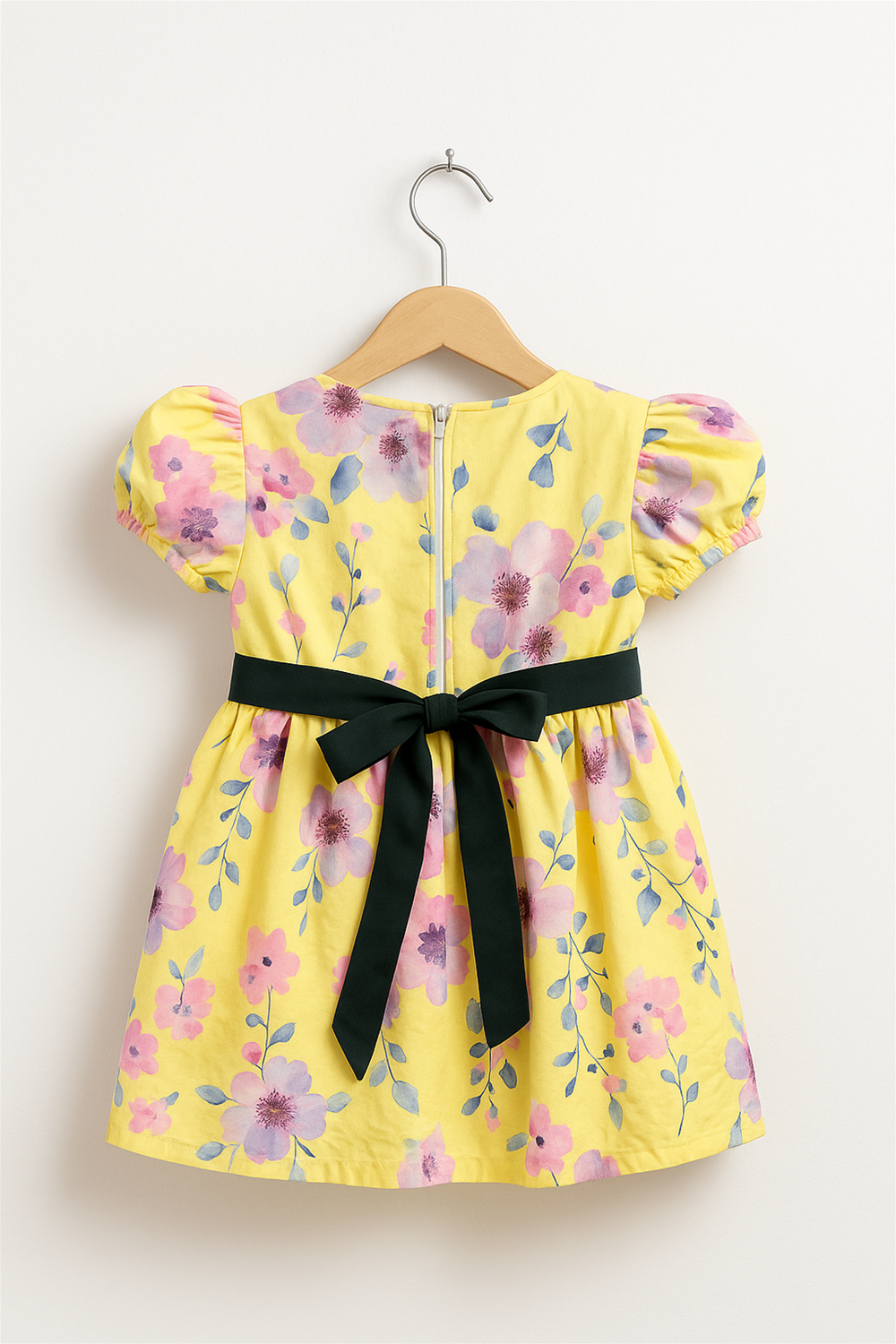 A bright yellow dress for a baby girl, decorated with vibrant flowers, ideal for warm weather and festive events. Back view.