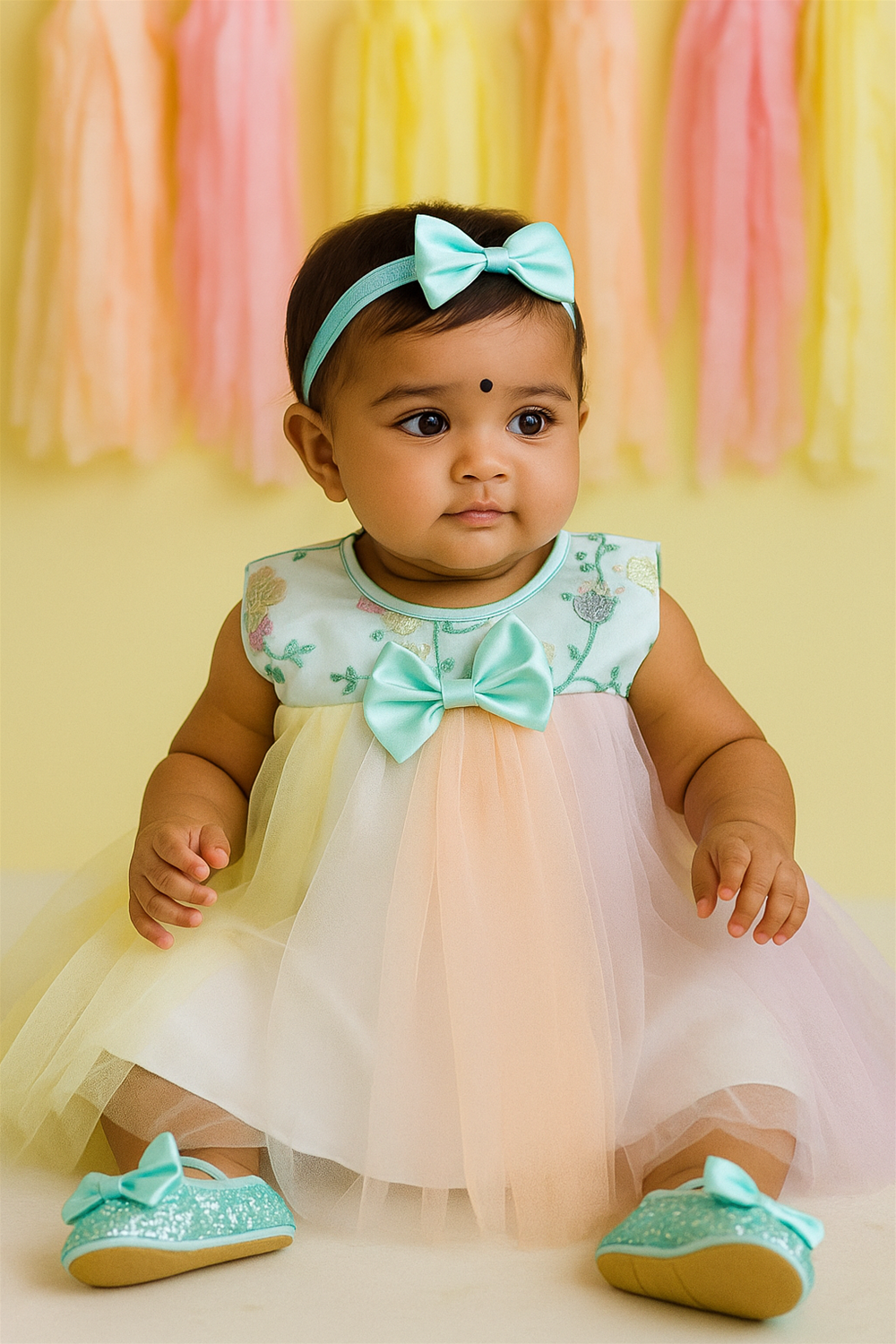 A baby girl in a sea green alter neck dress with a colorful net skirt and a matching bow.