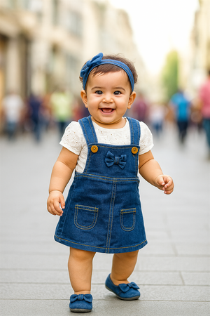 A happy baby girl is seen walking confidently in a blue denim A-line pinafore with a front bow and patch pockets. She pairs the outfit with a white puff-sleeve top, matching blue bow shoes, and a denim headband, radiating charm on a city street.