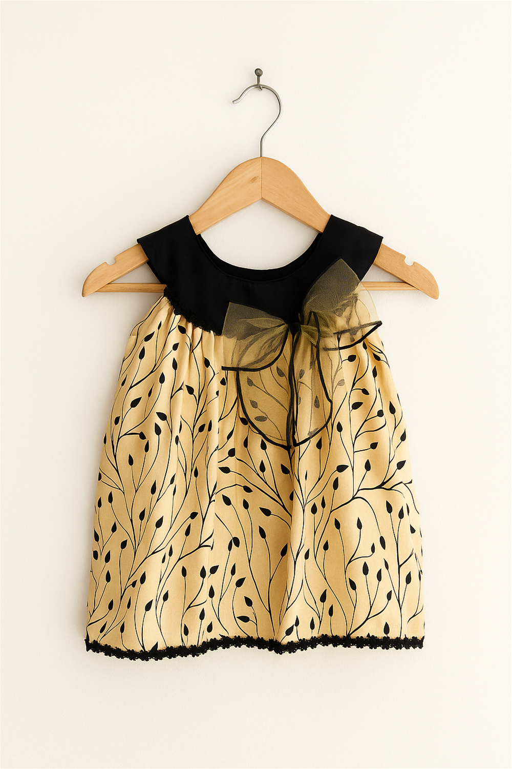 Elegant golden and black dress adorned with a black bow, showcasing a chic design.