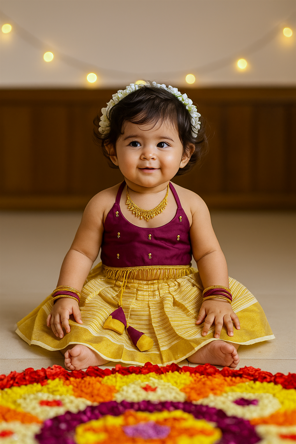The baby girl sits on the floor smiling, wearing the same maroon top and yellow striped skirt, accessorized with a necklace and bangles. She is framed with festive background lights and a flower rangoli in front.  Image 4: