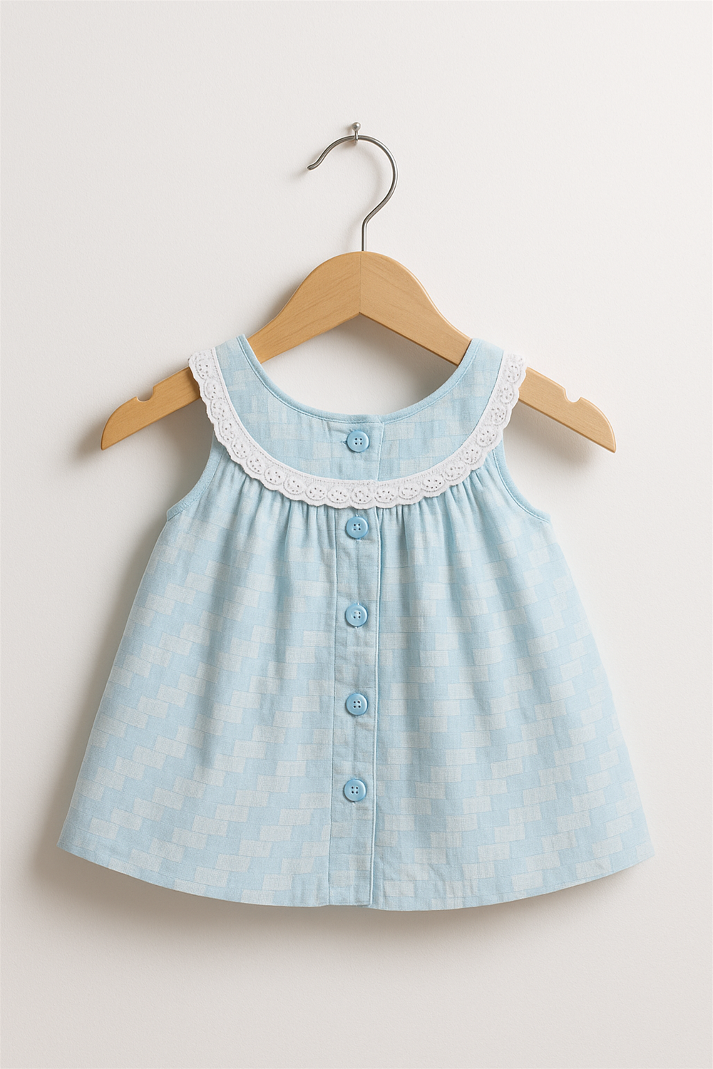 Back view of light blue sleeveless baby dress with lace-trimmed neckline and matching blue buttons, hanging neatly on wooden hanger.