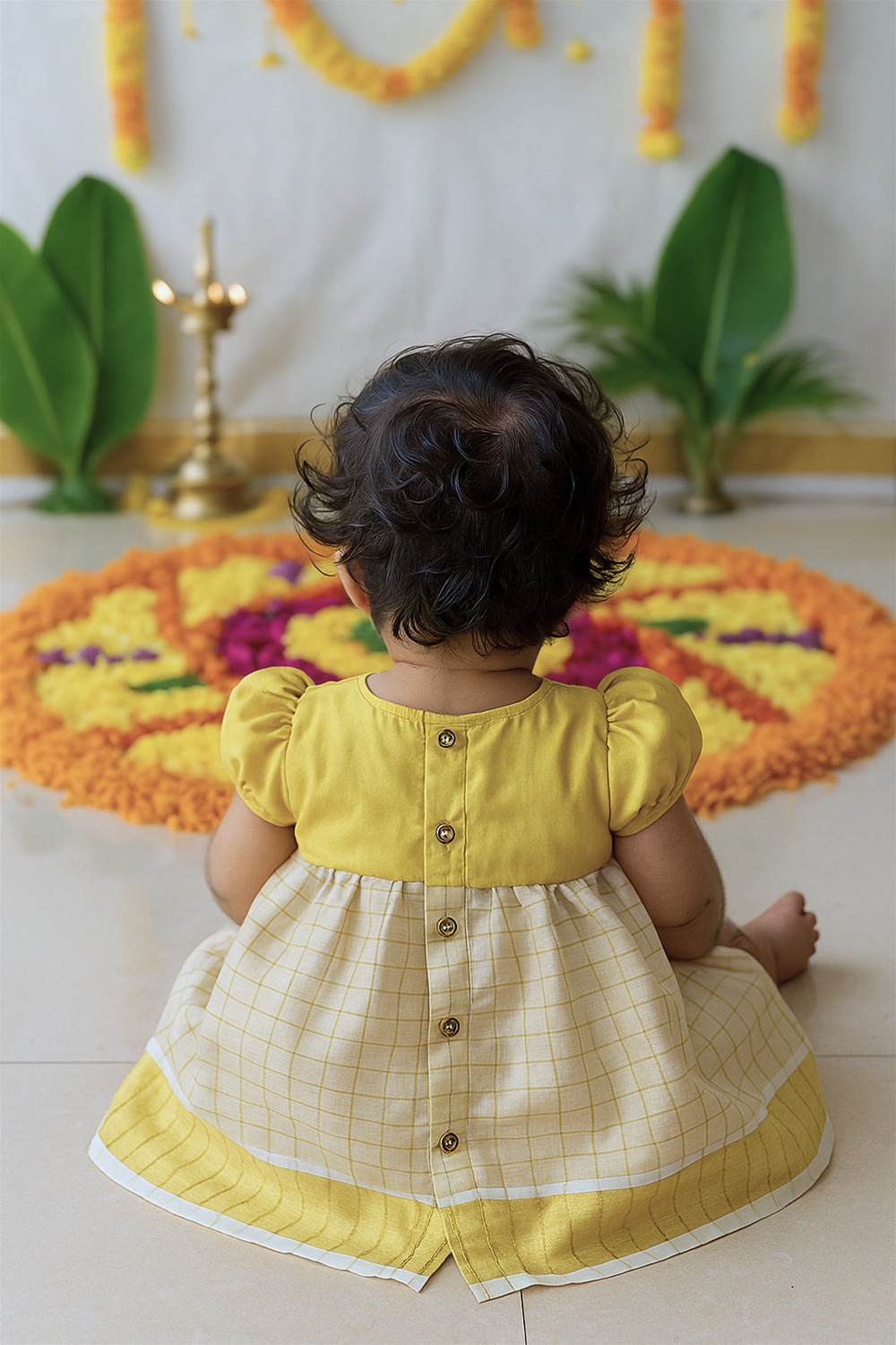 A baby wearing a yellow festive dress sits facing a vibrant pookalam (floral rangoli) with marigold decorations in the background. Traditional lamps and banana leaves create a cultural Onam ambiance.