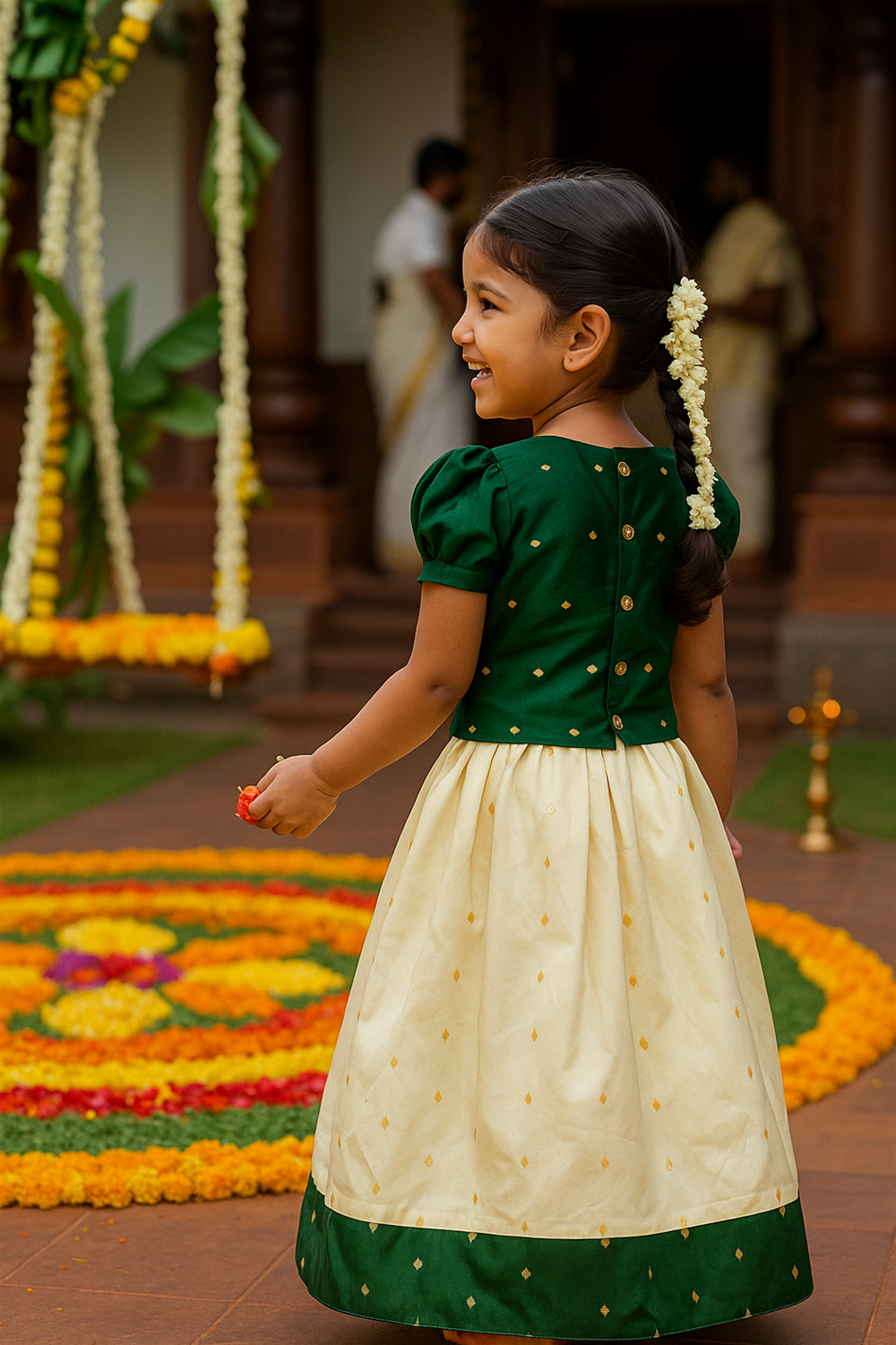 Little girl in green and cream ethnic dress with jasmine braid, smiling joyfully during Onam festival celebration near colorful pookalam.