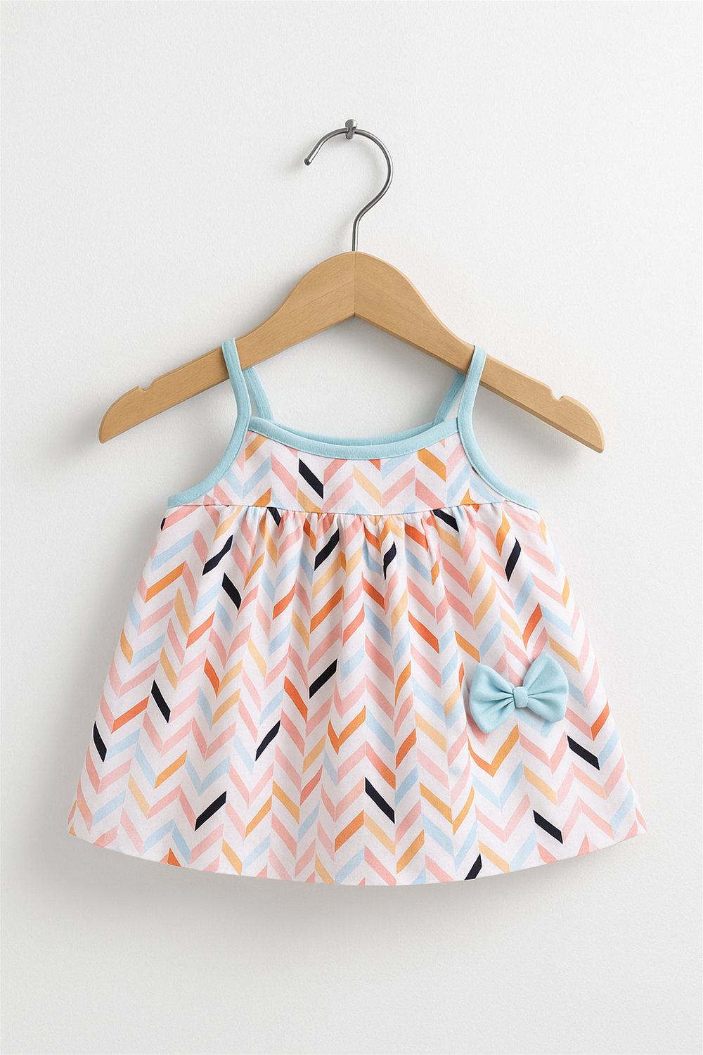 A sleeveless baby dress hangs neatly on a wooden hanger, featuring a cheerful chevron pattern in pastel shades of peach, blue, and yellow. The dress is accented with light blue shoulder straps and a matching bow near the hem.