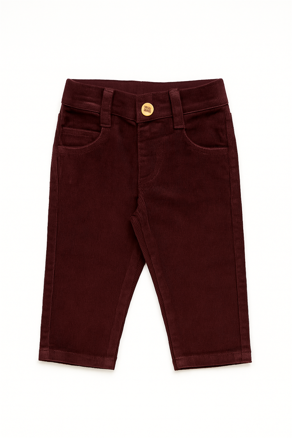 Maroon corduroy boys' full-length pants laid flat on a white background. The pants feature front scoop pockets, a coin pocket, belt loops, and a button closure at the waist. The fabric has a fine ribbed texture, giving it a soft and structured appearance.