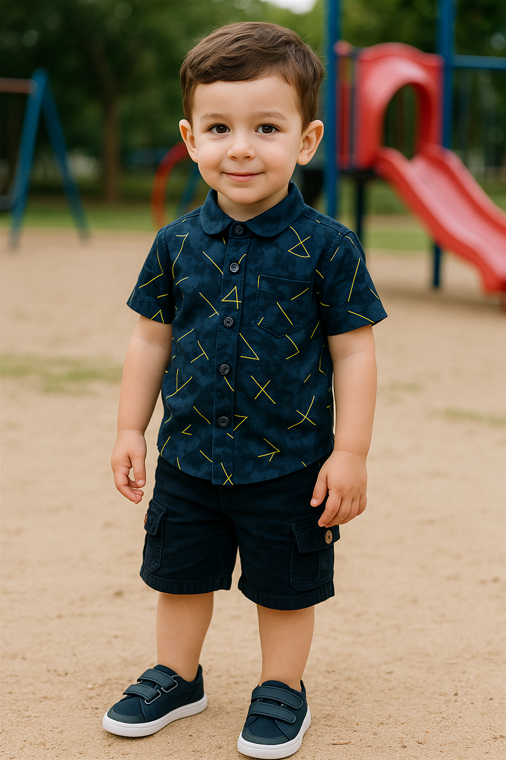 A young boy wearing a half-sleeve club collar shirt with a navy blue base and yellow geometric line prints. The shirt offers a stylish and modern look, perfect for playful outings and casual summer days.