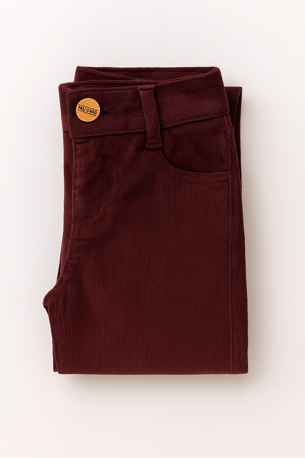 Maroon corduroy boys' full-length pants laid flat on a white background. The pants feature front scoop pockets, a coin pocket, belt loops, and a button closure at the waist. The fabric has a fine ribbed texture, giving it a soft and structured appearance.