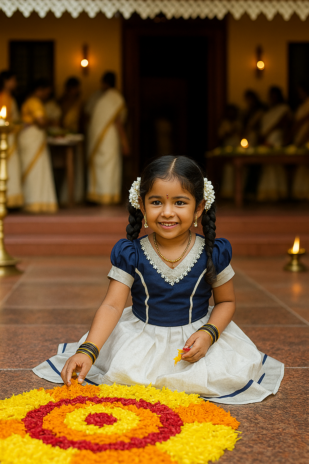 A little girl dressed in a green and gold traditional outfit is joyfully seated, placing flower petals on a vibrant floral rangoli during Onam celebrations. She is adorned with jasmine garlands in her braids, gold jewelry, and a bright smile.