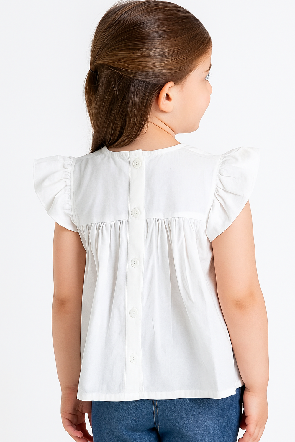 A little girl modeling a white flutter-sleeve top with back button-down design, paired with blue jeans, viewed from behind