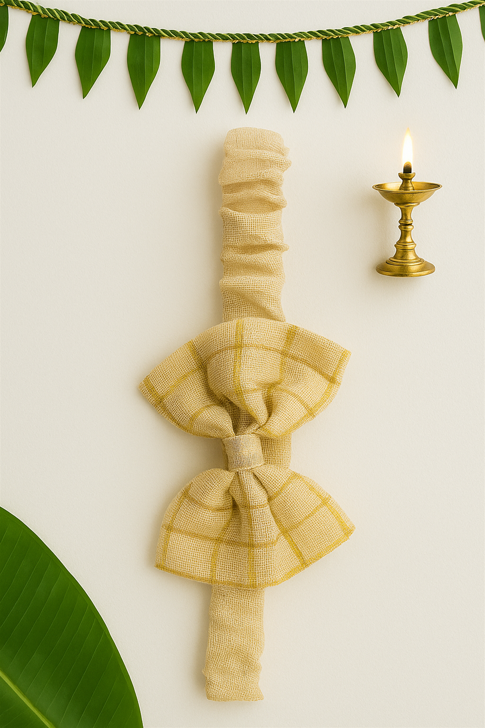 This is a close-up image of a baby headband featuring a golden bow attached to a soft white elastic band. The bow is neatly tied in the center, and the accessory is displayed on a plain white background, highlighting its elegant and festive design.