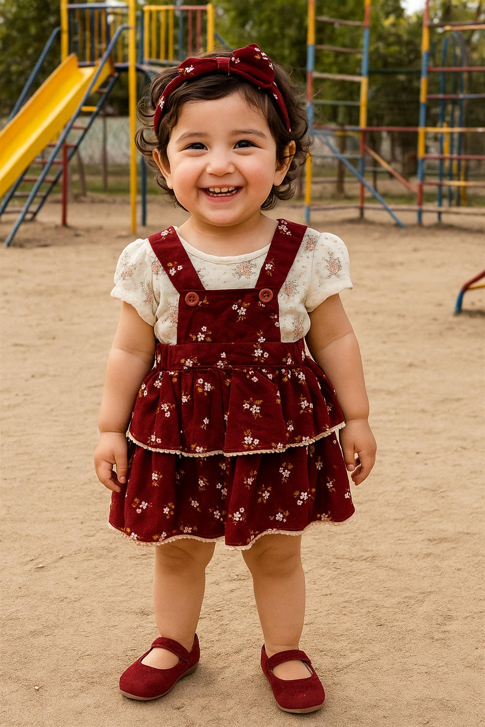 A little girl in a red dress stands in front of a colorful playground, smiling and ready to play.