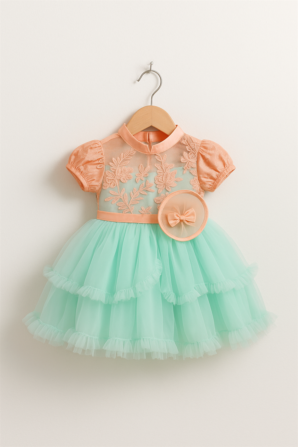 A Pista Green and Peach combination party wear dress in a hanger front view.