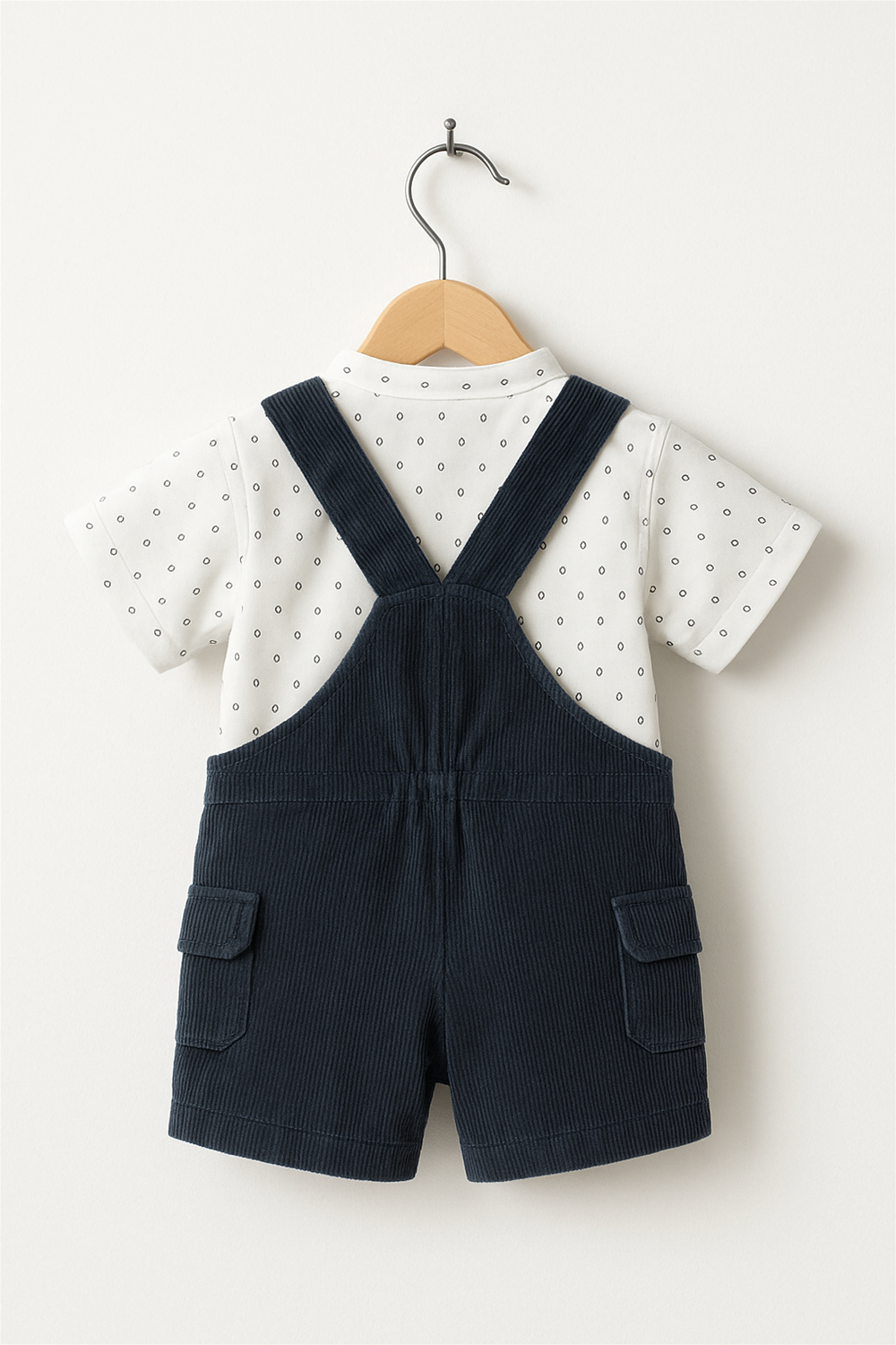 Backside view of navy corduroy dungaree with white printed shirt, crossover straps, elastic waistband, and side flap pockets.