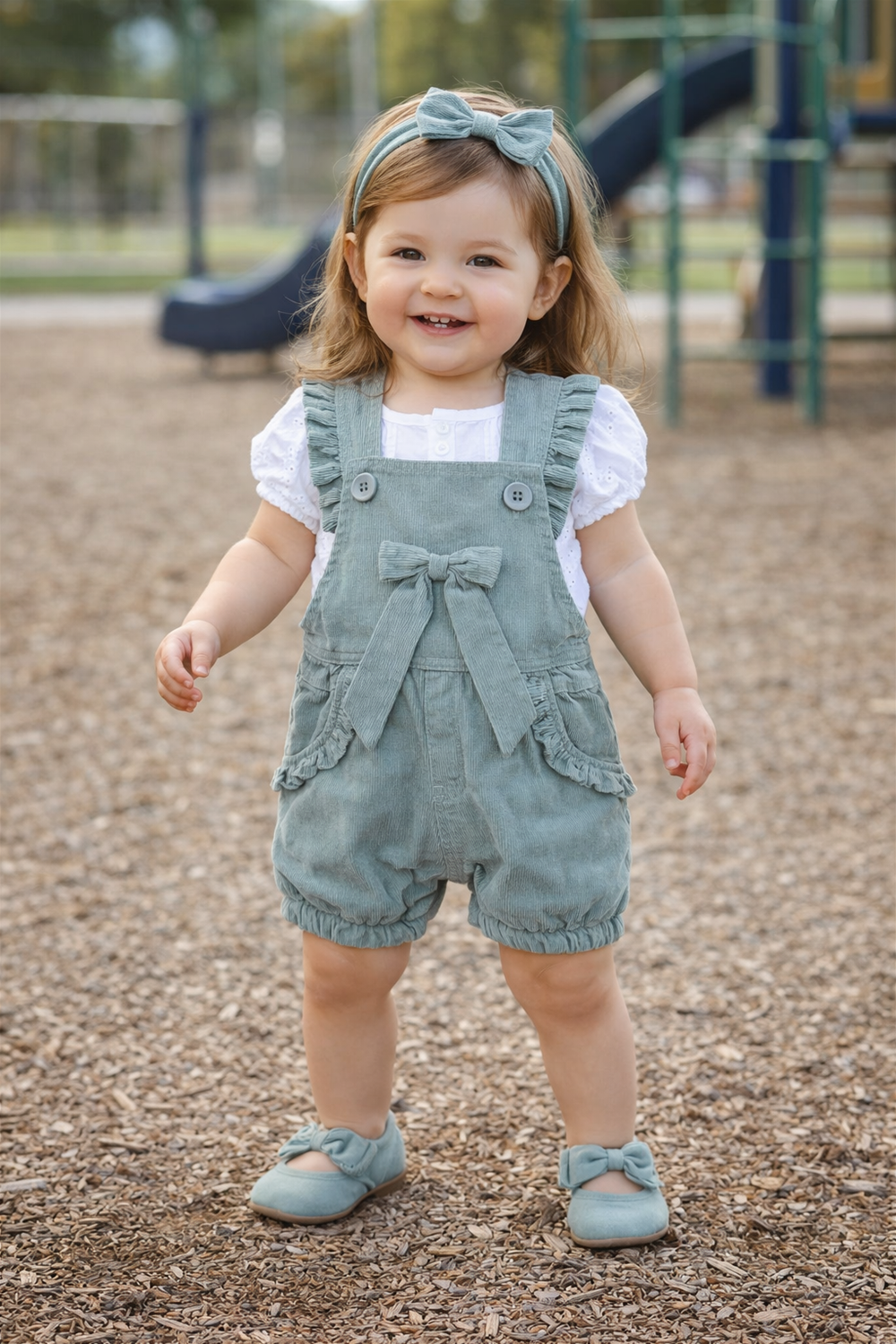 Smiling toddler girl wearing olive green dungaree with bow and white top, standing outdoors in playground setting.