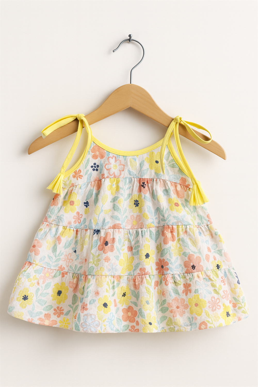 A sleeveless floral tiered baby dress with yellow shoulder tie-ups and tassels, displayed on a wooden hanger. Set against a white studio background with right-facing hanger hook and soft natural lighting.